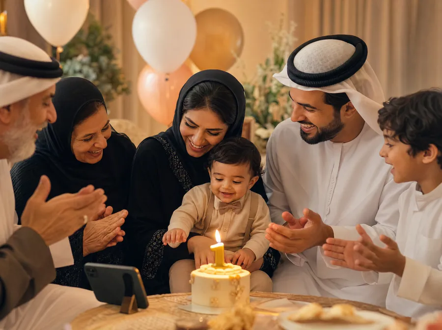 عائلة تحتفل بعيد ميلاد طفلها الأول مع كعكة وشموع وأغنية باسمه